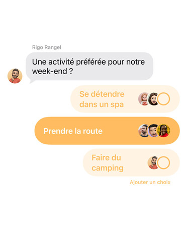 Gros plan de la nouvelle fonctionnalité de sondage dans Messages, des personnes utilisent la conversation de groupe pour voter pour le lieu où partir en week-end