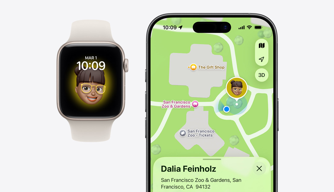 Apple Watch SE 3, Memoji d’enfant à l’écran, iPhone 17, app Localiser, position de l’enfant sur une carte