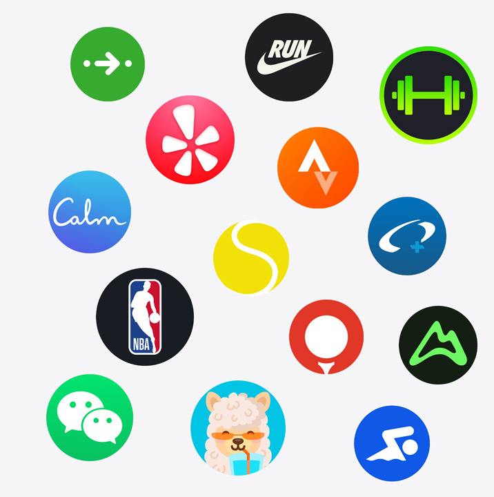 Icônes d’apps pour Apple Watch : ChargePoint, Yelp, Nike Run Club, SmartGym, Calm, NBA, SwingVision, Oceanic+, WeChat, Waterllama, Golfshot, JetBlue, AllTrails