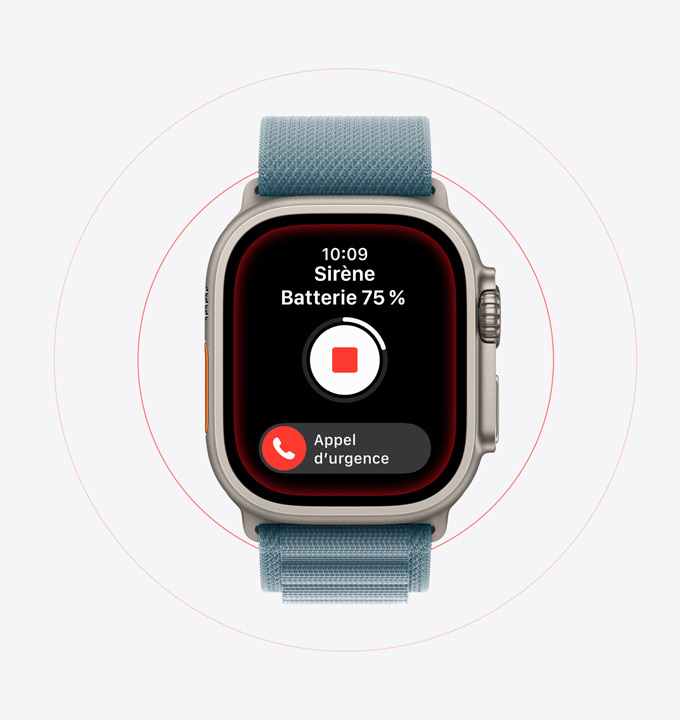 Apple Watch Ultra 3, boîtier en titane, finition naturelle, Sirène activée, bouton d’appel d’urgence