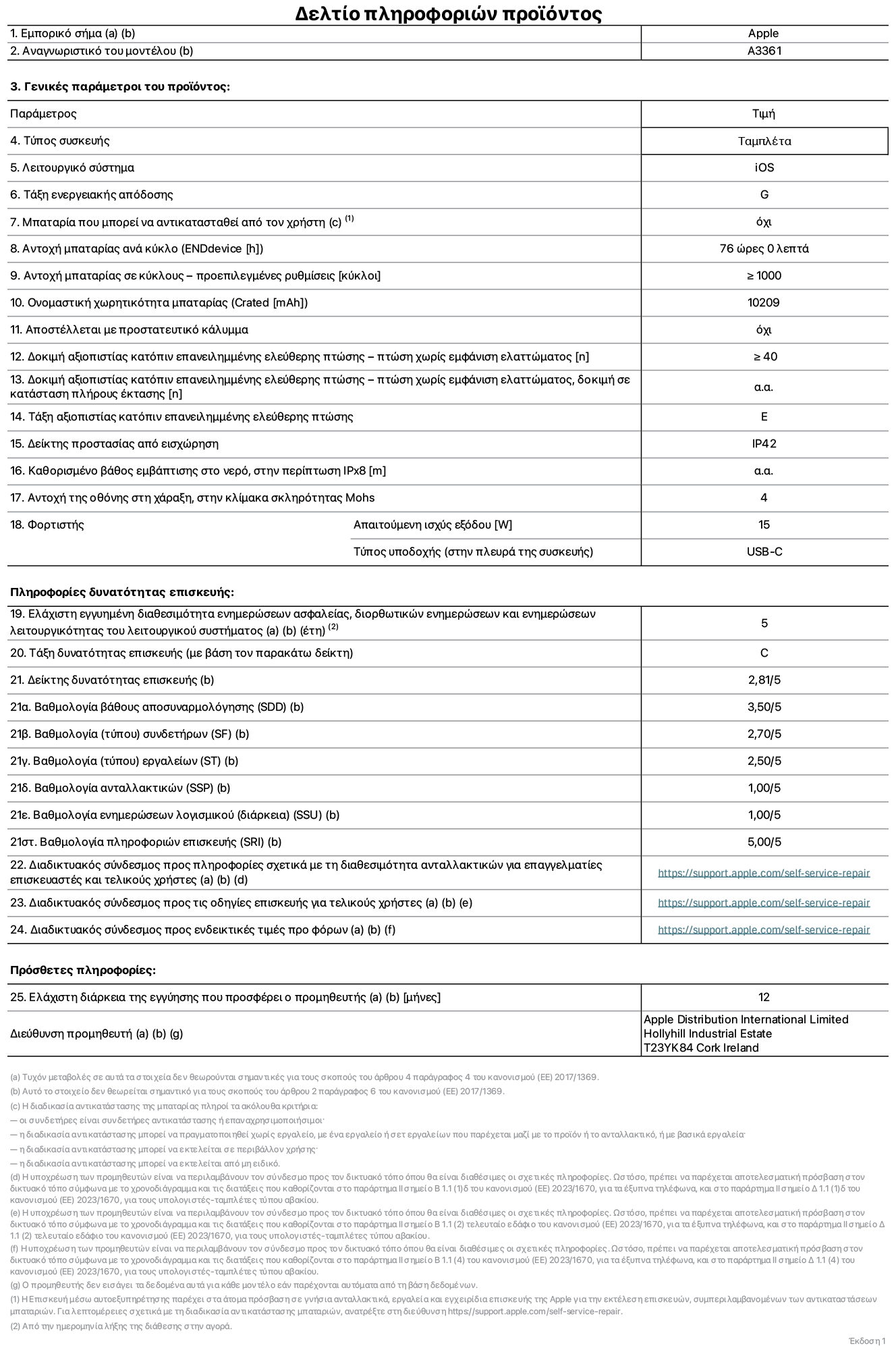 Φύλλο πληροφοριών προϊόντος για το iPad Pro M5 Wi-Fi + Cellular 13 ιντσών, μοντέλο A3361. Παρέχεται από την Apple Distribution International Limited, Hollyhill Industrial Estate. Cork, Ιρλανδία, T23 YK84. Τύπος συσκευής: τάμπλετ. Λειτουργικό σύστημα: iOS. Τάξη ενεργειακής απόδοσης: G. Δυνατότητα αντικατάστασης μπαταρίας από τον χρήστη: όχι. Αντοχή μπαταρίας ανά κύκλο: 76 ώρες. Αντοχή μπαταρίας σε κύκλους - προεπιλεγμένες ρυθμίσεις: μεγαλύτερη ή ίση του 1.000. Ονομαστική χωρητικότητα μπαταρίας: 10.209 mAh. Αποστέλλεται με προστατευτικό κάλυμμα: όχι. Δοκιμή αξιοπιστίας κατόπιν επανειλημμένης ελεύθερης πτώσης, πτώσεις χωρίς βλάβη: περισσότερες ή ίσες με 40. Δοκιμή αξιοπιστίας κατόπιν επανειλημμένης ελεύθερης πτώσης, πτώσεις χωρίς βλάβη σε κατάσταση πλήρους έκτασης: μη διαθέσιμο. Τάξη αξιοπιστίας κατόπιν επανειλημμένης ελεύθερης πτώσης: E. Αξιολόγηση προστασίας από εισχώρηση: IP42. Καθορισμένο βάθος εμβύθισης σε νερό, σε περίπτωση iPx8: μη διαθέσιμο. Ανθεκτικότητα οθόνης στις γρατζουνιές στην κλίμακα σκληρότητας Mohs: 4. Απαιτούμενη ισχύς εξόδου φορτιστή: 15 W. Τύπος υποδοχής ηλεκτρικού ρεύματος φορτιστή (στο άκρο της συσκευής): USB-C. Ελάχιστη εγγυημένη διαθεσιμότητα ενημερώσεων ασφαλείας, διορθωτικών ενημερώσεων και ενημερώσεων λειτουργικότητας λειτουργικού συστήματος: 5 έτη. Τάξη επιδιορθωσιμότητας: C. Δείκτης επιδιορθωσιμότητας: 2,81/5. Βαθμολογία βάθους αποσυναρμολόγησης (SDD): 3,50/5. Βαθμολογία συνδετήρων: 2,70/5. Βαθμολογία εργαλείων: 2,50/5. Βαθμολογία ανταλλακτικών: 1,00/5. Βαθμολογία ενημερώσεων λογισμικού: 1,00/5. Βαθμολογία πληροφοριών επιδιόρθωσης: 5,00/5. Διαδικτυακός σύνδεσμος με πληροφορίες για τη διαθεσιμότητα ανταλλακτικών για επαγγελματίες τεχνικούς και τελικούς χρήστες: https://support.apple.com/self-service-repair. Διαδικτυακός σύνδεσμος με πληροφορίες επιδιόρθωσης για τελικούς χρήστες: https://support.apple.com/self-service-repair. Διαδικτυακός σύνδεσμος με ενδεικτικές τιμές προ φόρου: https://support.apple.com/self-service-repair. Προσφέρεται 12μηνη γενική εγγύηση.