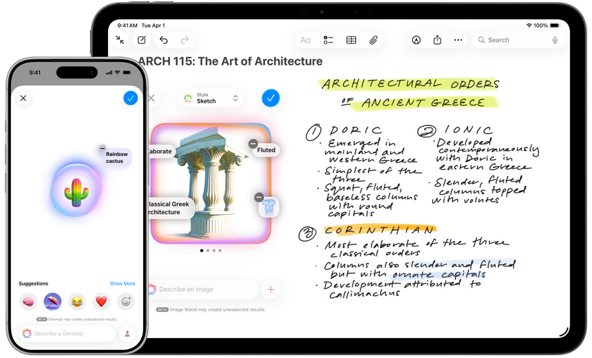 iPhone and iPad showing Genmoji creating a rainbow cactus, and Image Wand turning a sketch into architectural orders of anicent Greece.