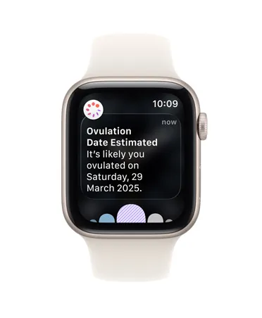 Apple Watch SE 3, aluminum case, starlight color, ovulation date estimation notification from Cycle Tracking in Health app, Digital Crown, Sport Band, starlight color