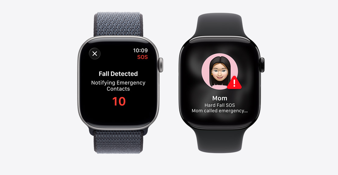 Apple Watch Series 11, Fall Detection notification, Emergency Call button, second notification reads: Mom took a hard fall and has called emergency services