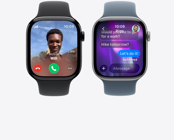 Apple Watch Series 11 devices, incoming call, contact photo, accept and decline call buttons, iMessage conversation