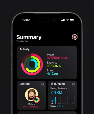 iPhone 17, sažetak u aplikaciji Fitness, kolutovi aktivnosti, podaci o kretanju, vježbanju i stajanju, dijeljenje aktivnosti s prijateljima, tjedna statistika trčanja