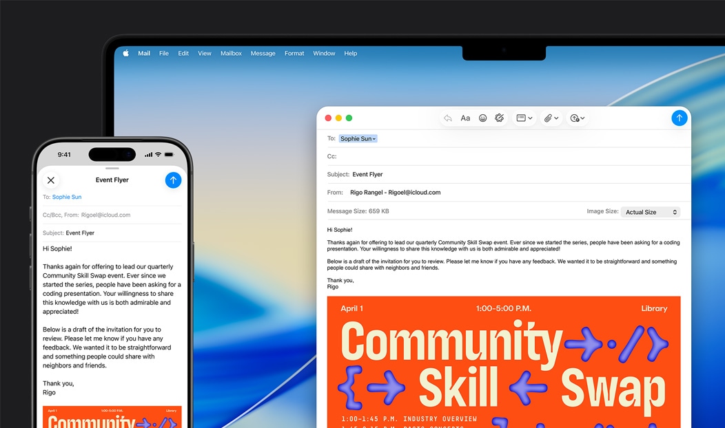 iPhone 16 Plus i Macbook Pro, otvorena aplikacija Mail, ista skica poruke e-pošte prikazana na oba ekrana