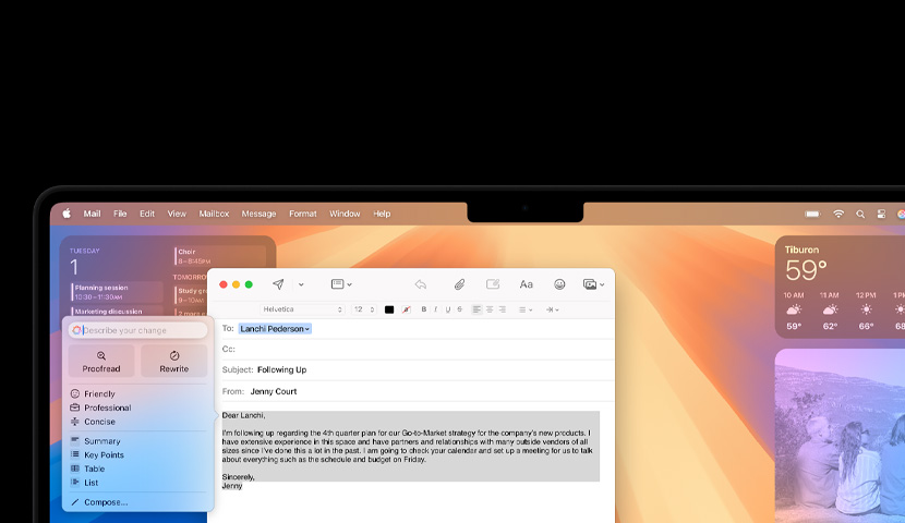 Desktop Mac dengan email bisnis yang memperlihatkan menu Apple Intelligence. Di belakang jendela email terdapat widget Kalender.