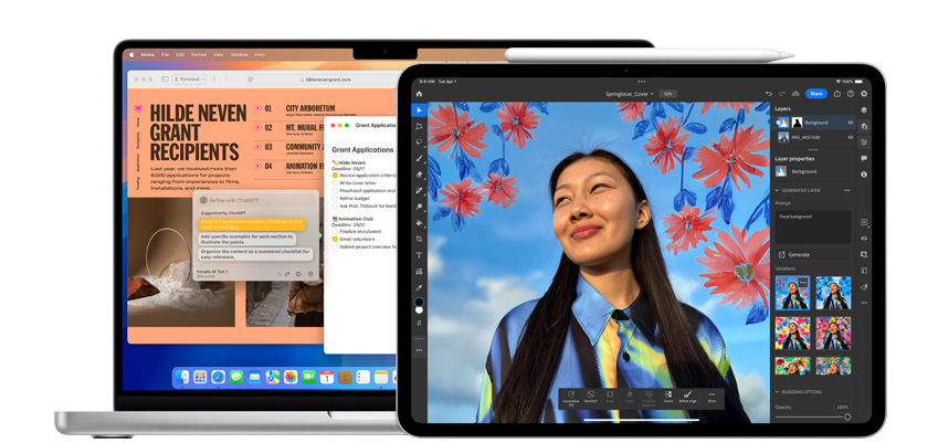 MacBook dan iPad menampilkan aplikasi dengan integrasi AI