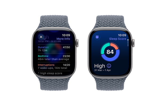 Apple Watch Series 11, space grey colour, aluminium case, sleep score notification, right side exterior, Digital Crown, Braided Solo Loop, anchor blue color