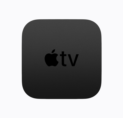 Apple TV 4K, black colour, top exterior, glossy black Apple TV logo
