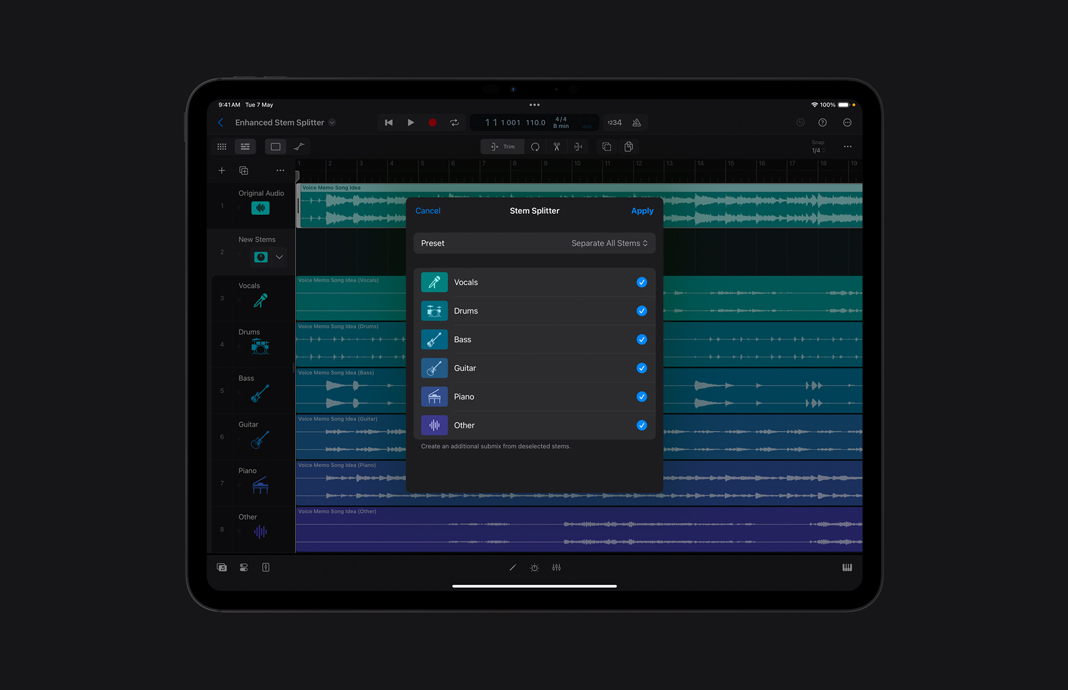 UI of Stem Splitter window with a list of Preset stem options, such as Vocals, Drums, Bass, Guitar, Piano, and Other, featuring icons next to each name.
