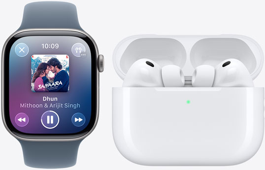 Apple Watch Series 11, Apple Music app, now playing, AirPods Pro 3, white, earbuds, silicone tips, microphone, MagSafe Charging case, open, rounded corners
