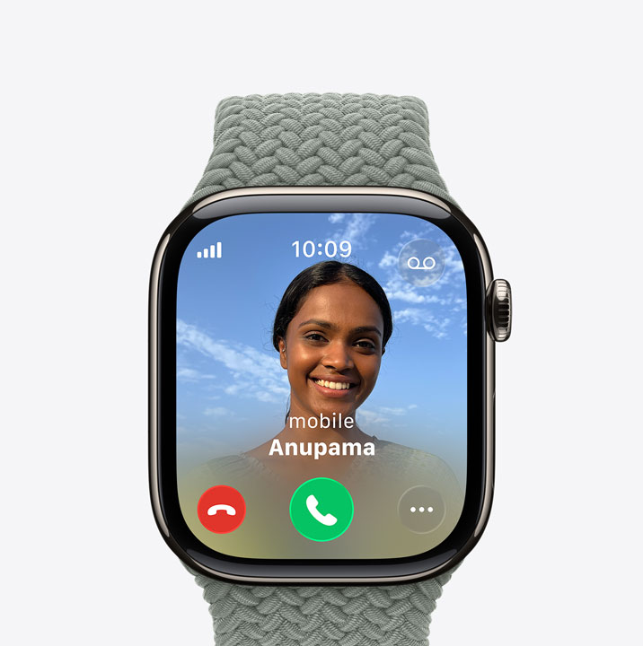 Apple Watch Series 11, titanium case, natural colour, incoming call, contact photo, accept and decline call buttons, right side exterior, Digital Crown, Braided Solo Loop, forest colour