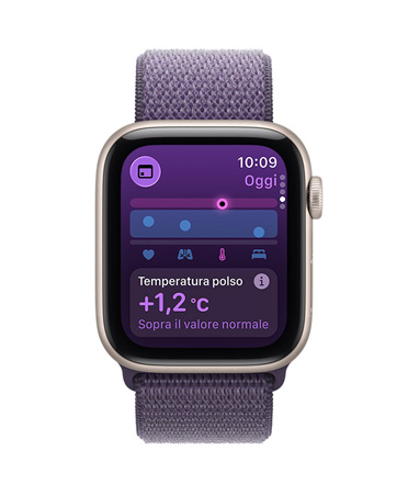 Apple Watch SE 3, cassa in alluminio color galassia, app Parametri Vitali, grafico salute cardiaca, notifiche parametri vitali notturni anomali, lato destro, Digital Crown, cinturino Sport Loop viola nebbia