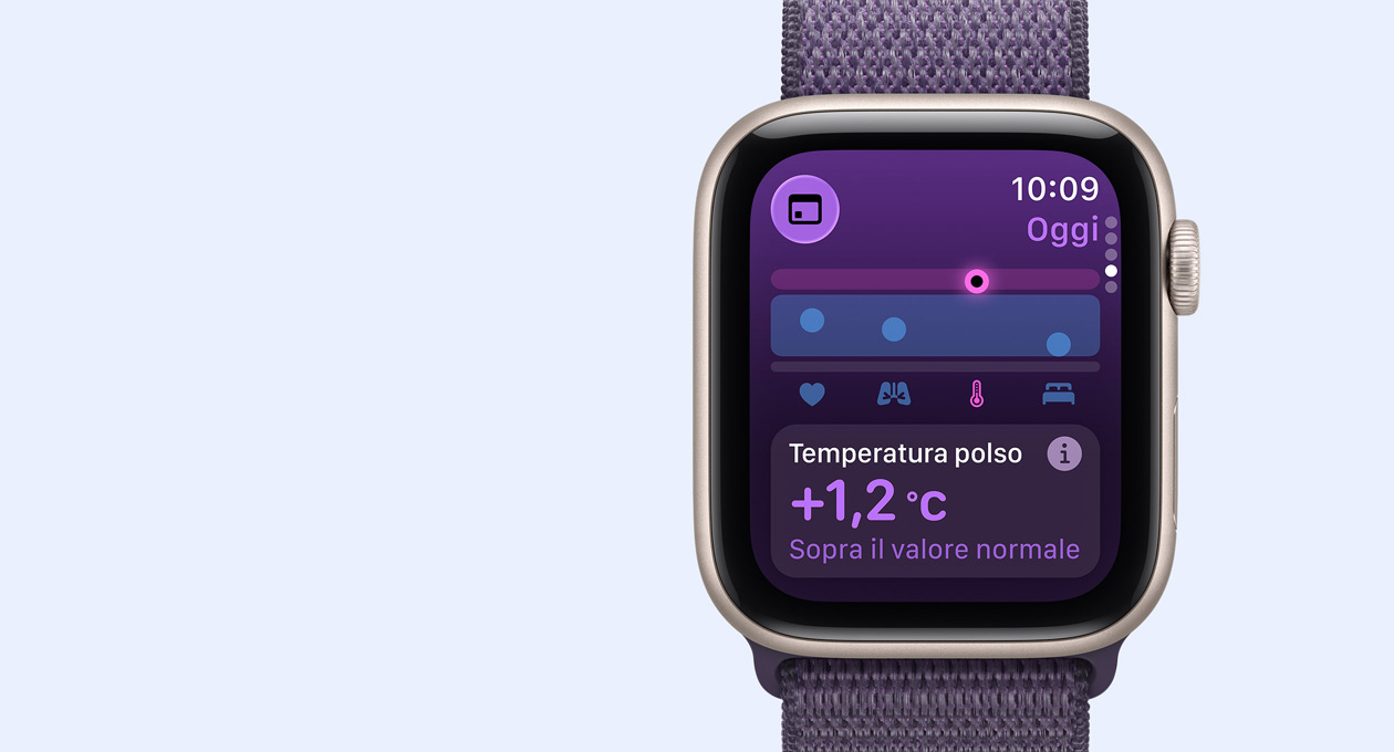 Apple Watch SE 3, cassa in alluminio color mezzanotte, dati relativi alla temperatura del polso, lato destro, Digital Crown, cinturino Sport Loop blu salmastro