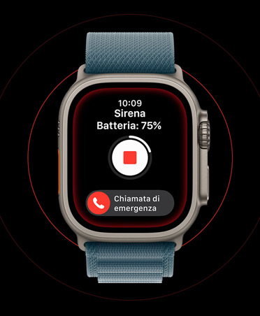 Apple Watch Ultra 3, cassa in titanio naturale, schermata della sirena attivata, pulsanti di stop e chiamata SOS emergenze, cinturino Alpine Loop blu salmastro