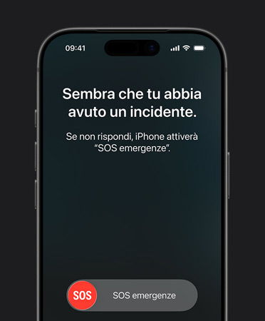 iPhone 17 Pro mostrato di fronte, angoli arrotondati, funzione rilevamento incidenti in uso