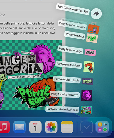 Primo piano del Dock in basso da cui una serie di file si apre verticalmente a ventaglio