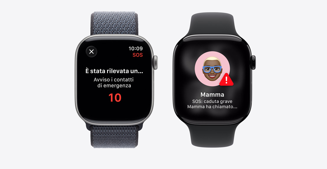 Apple Watch Series 11, notifica rilevamento incidenti, pulsante chiamata di emergenza, seconda notifica con il testo: mamma ha fatto  una brutta caduta e ha chiamato i servizi di emergenza