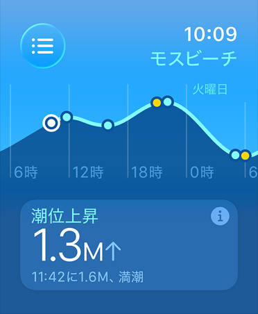 潮位アプリ。指標として、満潮と干潮、上げ潮と下げ潮のそれぞれの推定時刻と潮位の折れ線グラフが表示されている