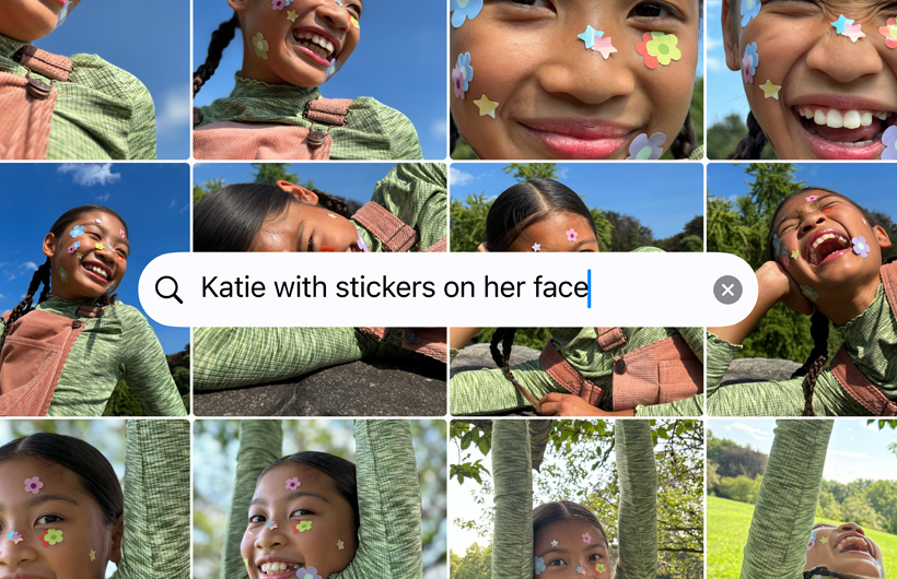 Katie with stickers on her face라는 검색 프롬프트로 찾은 사진들이 격자로 표시되어 있는 모습
