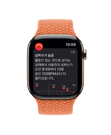 고심박수 알림이 표시된 골드 색상 티타늄 케이스의 Apple Watch Series 11, 그리고 터머릭 색상 브레이드 솔로 루프
