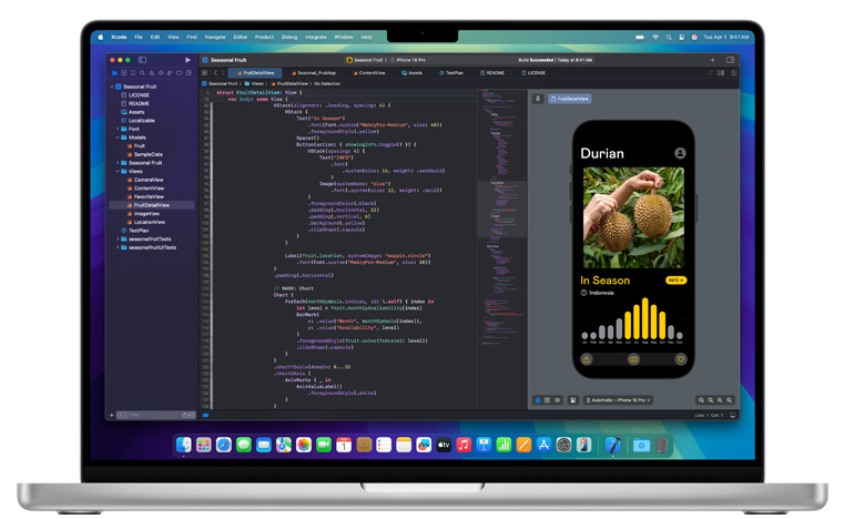 Xcode 앱이 표시된 열려 있는 Mac.