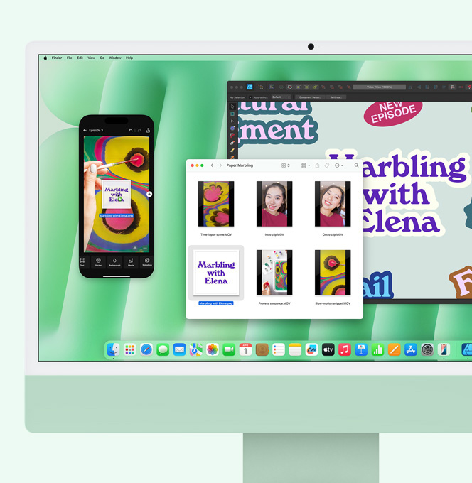 그린 iMac에서 iPhone 미러링을 사용해 파일을 iMac에서 미러링된 iPhone 화면으로 드래그하는 모습