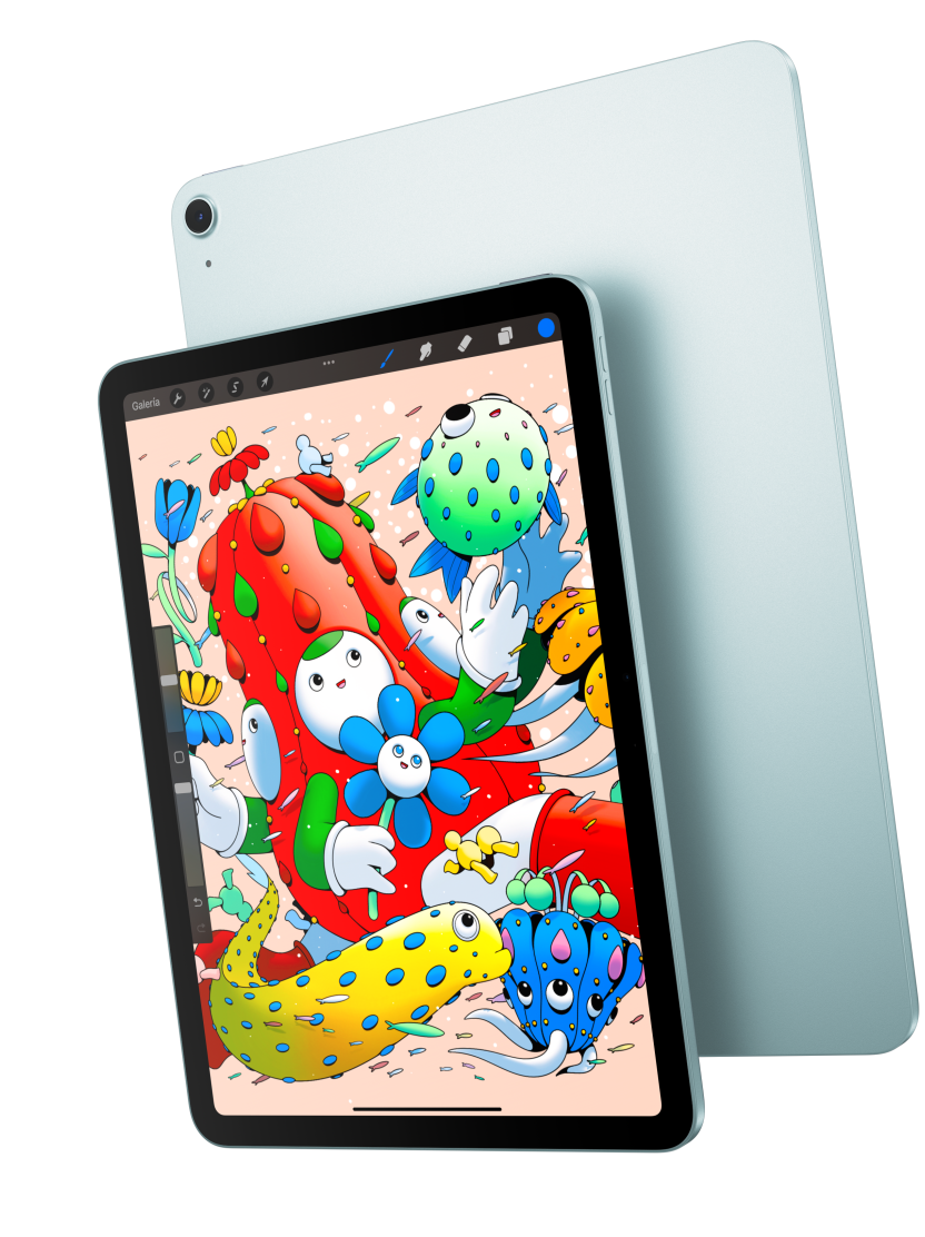 Vista frontal de un iPad Air de 11 pulgadas con la app Procreate que se superpone con la vista posterior de un iPad Air azul