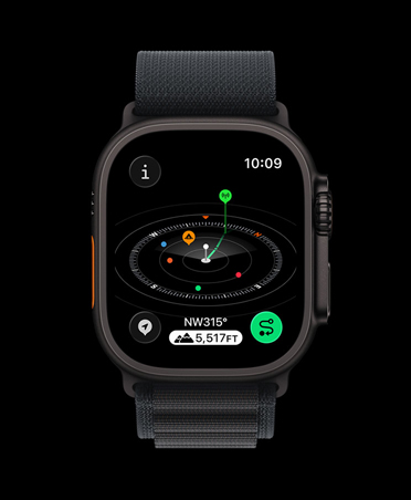 Apple Watch Ultra 3, black color, titanium case, Compass app, marked waypoints, band, black Alpine Loop