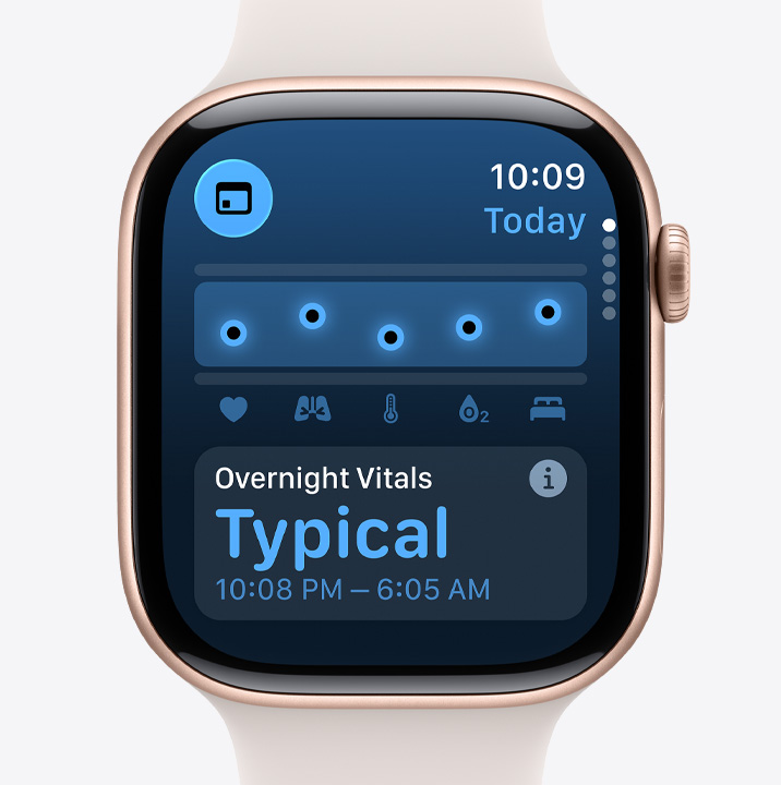 Apple Watch Series 11, alumīnija ietvars, zeltroza krāsa, Vitals aplikācija, Health Score diagramma, paziņojums par nakts vitālajiem mērījumiem, sporta siksniņa, iesārta krāsa