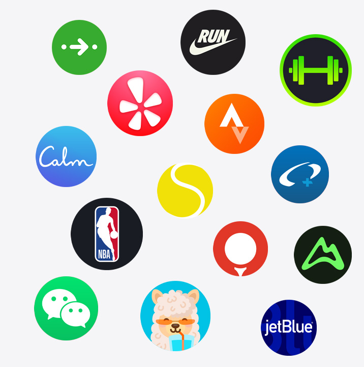 Apple Watch aplikāciju ikonas: ChargePoint, Yelp, Nike Run Club, SmartGym, Calm, NBA, SwingVision, Oceanic+, WeChat, Waterllama, Golfshot, JetBlue, AllTrails