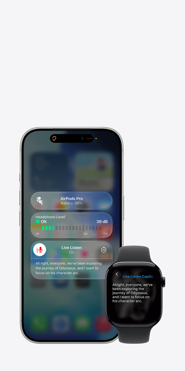 iPhone 17 Pro screen showing active Live Listen session with caption for captured audio and Apple Watch Series 11 screen showing Live Captions of the same captured audio