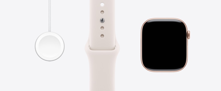 Apple Watch Series 11، إطار ألمنيوم، بلون ذهبي وردي، الجزء الأمامي الخارجي، شاشة تغطي الواجهة بالكامل، حزام رياضي بلون خوخي متورد‏، كابل شاحن مغناطيسي سريع إلى ‏USB‑C لساعة Apple Watch‏