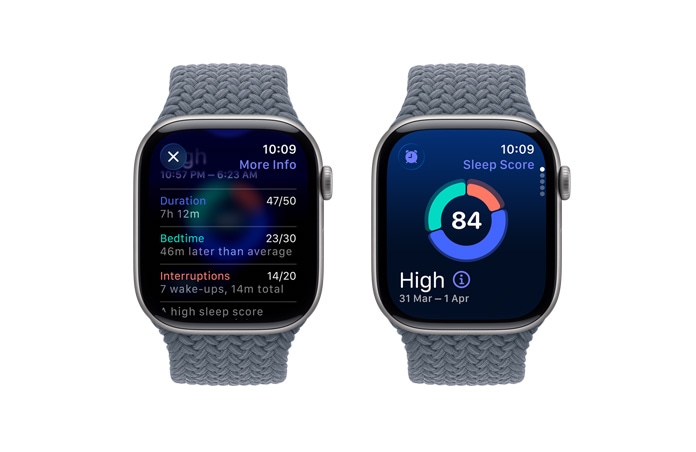 Apple Watch Series 11, space gray color, aluminum case, sleep score notification, right side exterior, Digital Crown, Braided Solo Loop, anchor blue color