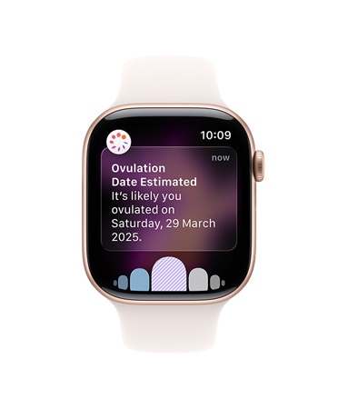 Apple Watch Series 10, white Sport Band, front, UI reads  Ovulation, Cycle History