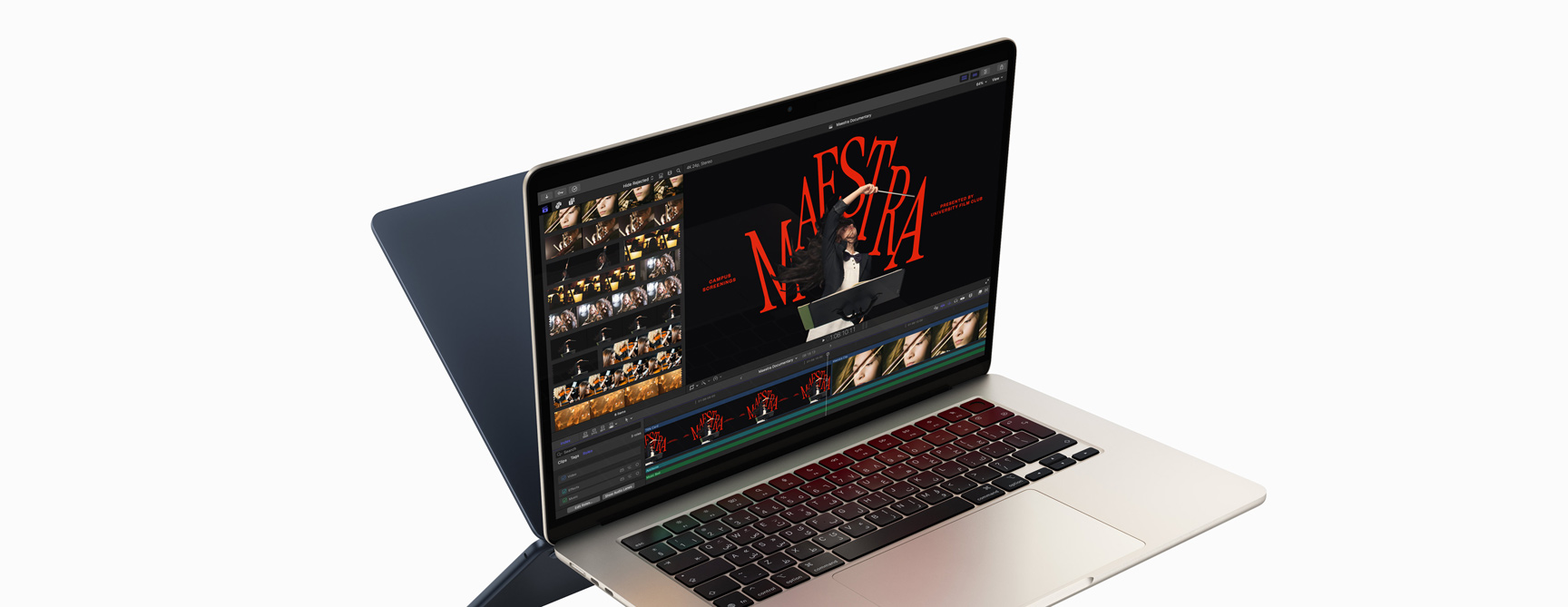 جهاز MacBook&nbsp;Air يعرض تعديل فيديو في ‏Final&nbsp;Cut&nbsp;Pro لإبراز قدرات شريحة&nbsp;M4، ويظهر خلف هذا الجهاز الأول الجانب الخلفي من جهاز MacBook&nbsp;Air ثانٍ يبدو وكأنه صورة معكوسة في مرآة