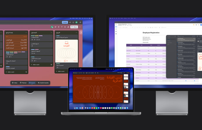جهاز MacBook Pro مع شاشتي Studio Display، تُظهر الشاشتان تحضيرات لقمة قيادية، وتتبّع المهام في تطبيق Trello، وإعداد عرض تقديمي، ومراجعة ملفات التصميم عبر الإيميل