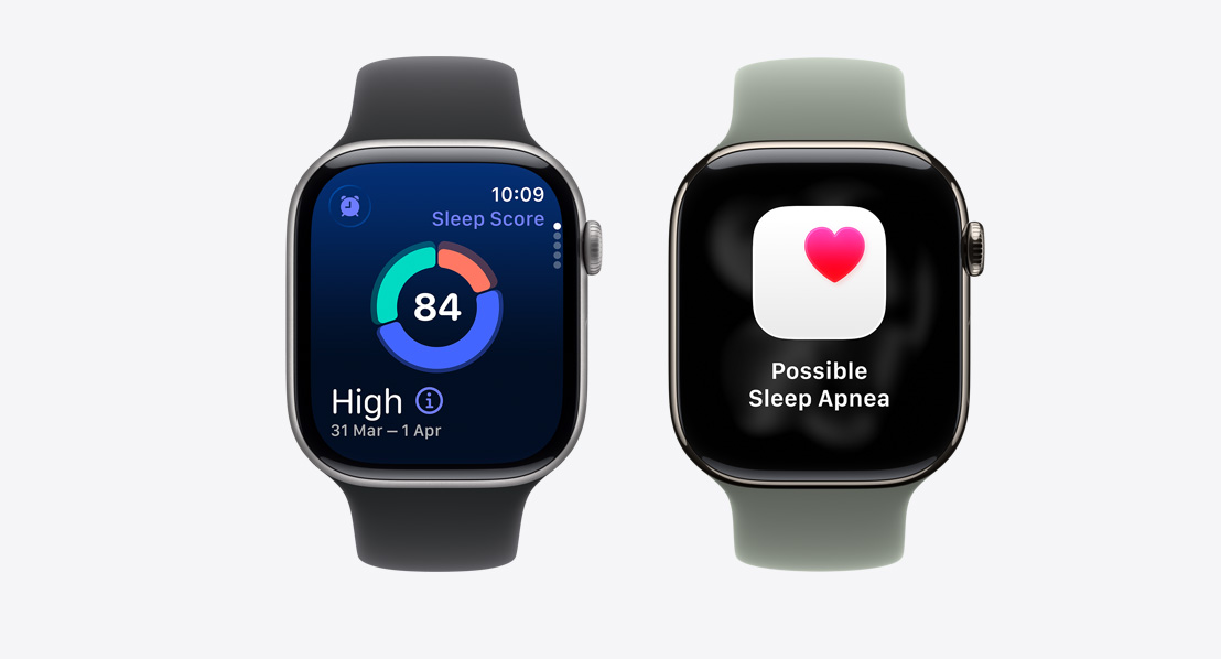 Two Apple Watch Series 11, sleep score screen, possible sleep apnea notification