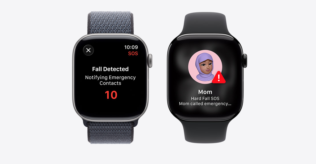 Apple Watch Series 11, Crash Detection notification, Emergency Call button, second notification reads: Mom took a hard fall and has called emergency services
