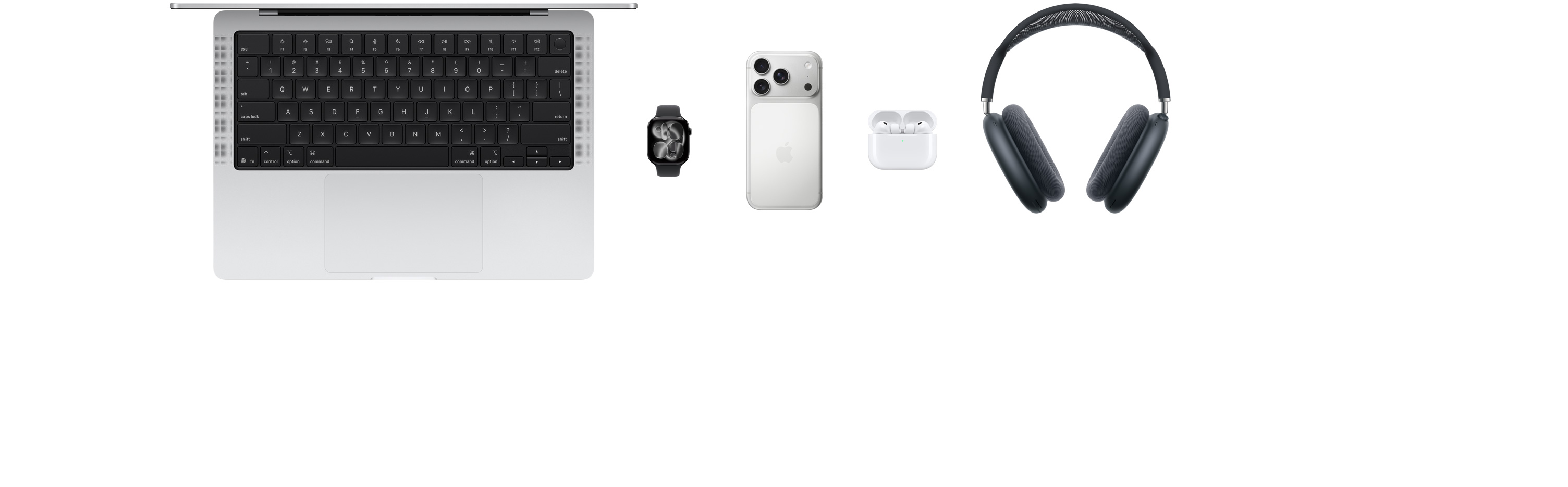 Various Apple products, including a MacBook, an Apple Watch Series 11, an iPhone 17 Pro, AirPods Pro 3, AirPods Max, an Apple Pencil Pro and an iPad Pro