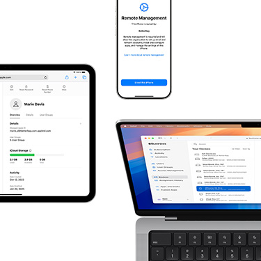 iPad, iPhone and MacBook all featuring various components of Apple Business Manager.