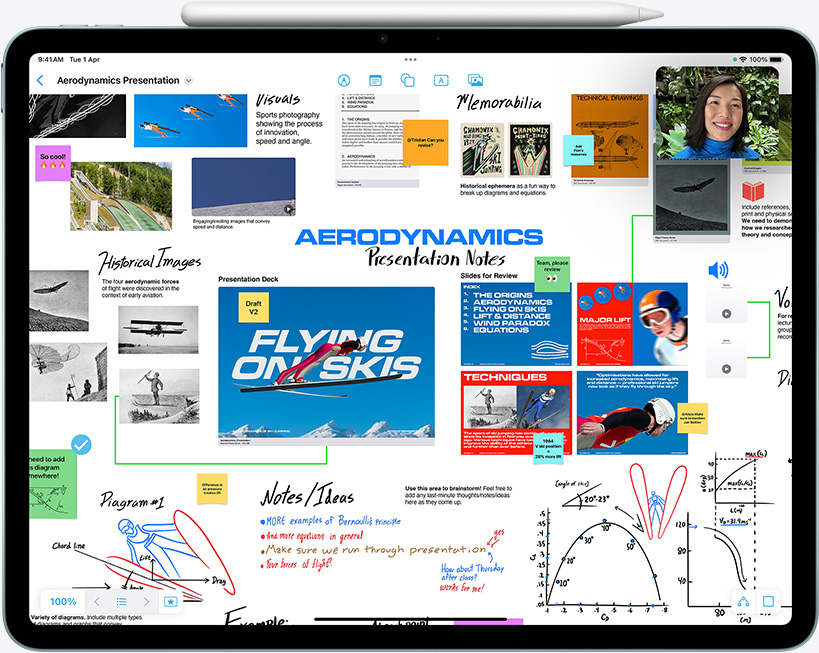 iPad Air screen displays Freeform and user on a FaceTime call