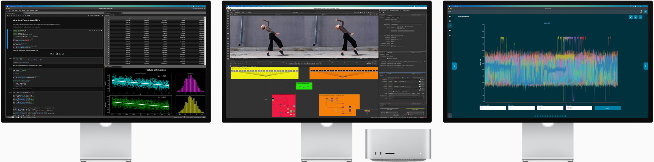 Mac Studio and three Studio Displays, all featuring different macOS apps on screen