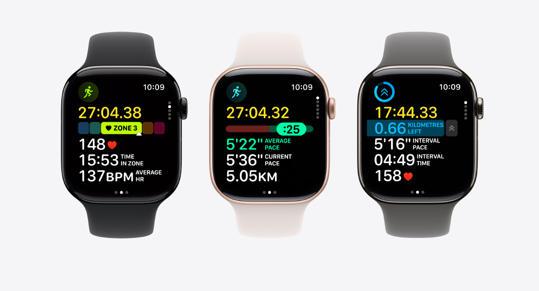 Apple Watch Series 11 devices, aluminium and titanium cases, jet black, rose gold, and natural colours, fitness screens: Heart Rate Zones, Pacer, Custom Workout with intervals, Sport Bands, black, light blush, and stone gray colours