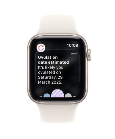 Apple Watch SE 3, aluminium case, starlight colour, ovulation date estimation notification from Cycle Tracking in Health app, Digital Crown, Sport Band, starlight colour