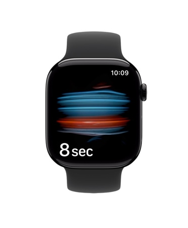 Apple Watch Series 11 z kopertą z aluminium w kolorze onyksu i sportowym paskiem w kolorze czarnym. Aplikacja Zdrowie dokonuje pomiaru natlenienia krwi