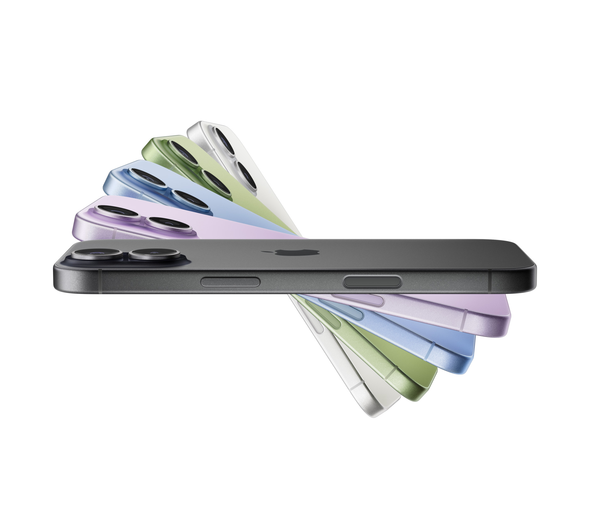 Ustawione w wachlarz urządzenia iPhone 17 w kolorach: czarnym, lawendy, gołębim, szałwii i białym