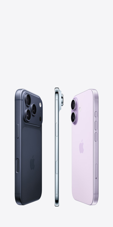iPhone 17 Pro, back exterior, Pro Fusion camera system spanning across the top, iPhone Air, very thin titanium side, iPhone 17, back exterior, Dual Fusion camera system in top left corner